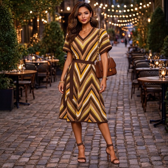 Jessica Simpson Chevron Knit Belted Dress M – 90s Y2K Retro Fall Colors - Picture 1 of 11